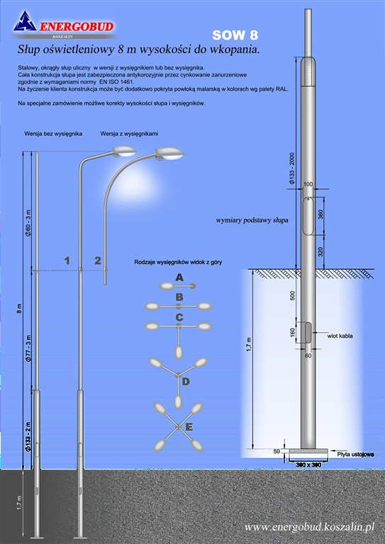 słup oświetleniowy 8 m wysokości do wkopania